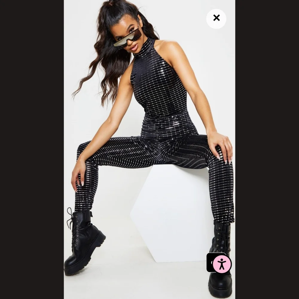 NWT PLT Black Sequin Mirror Velvet Halterneck Jumpsuit - Picture 5 of 10